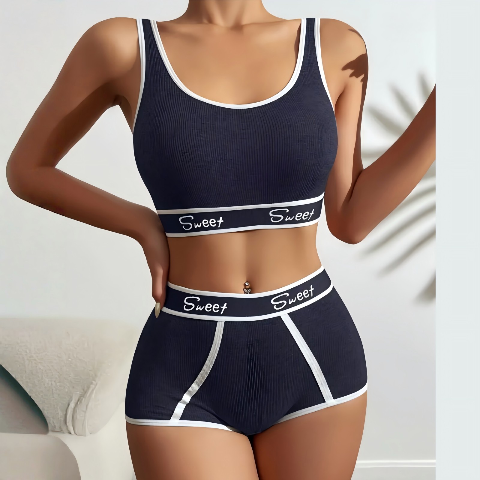 Letter Print Bra Panties Ribbed Wireless Bra Elastic Panties